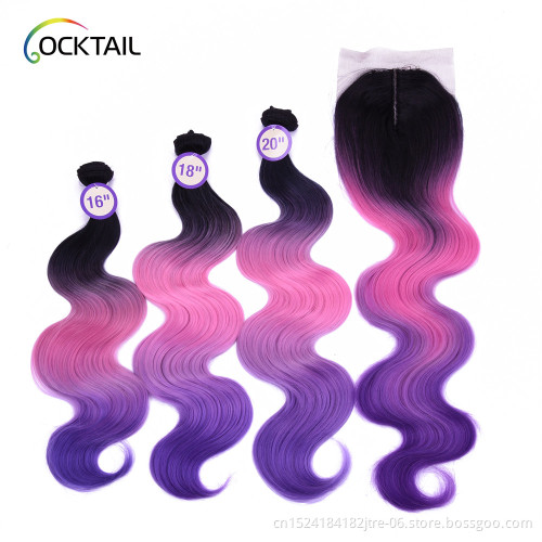 Synthetic Hair Bundles With Lace Closure  Body Wave Bundles Ombre Color Three Bundles with Closure 230g